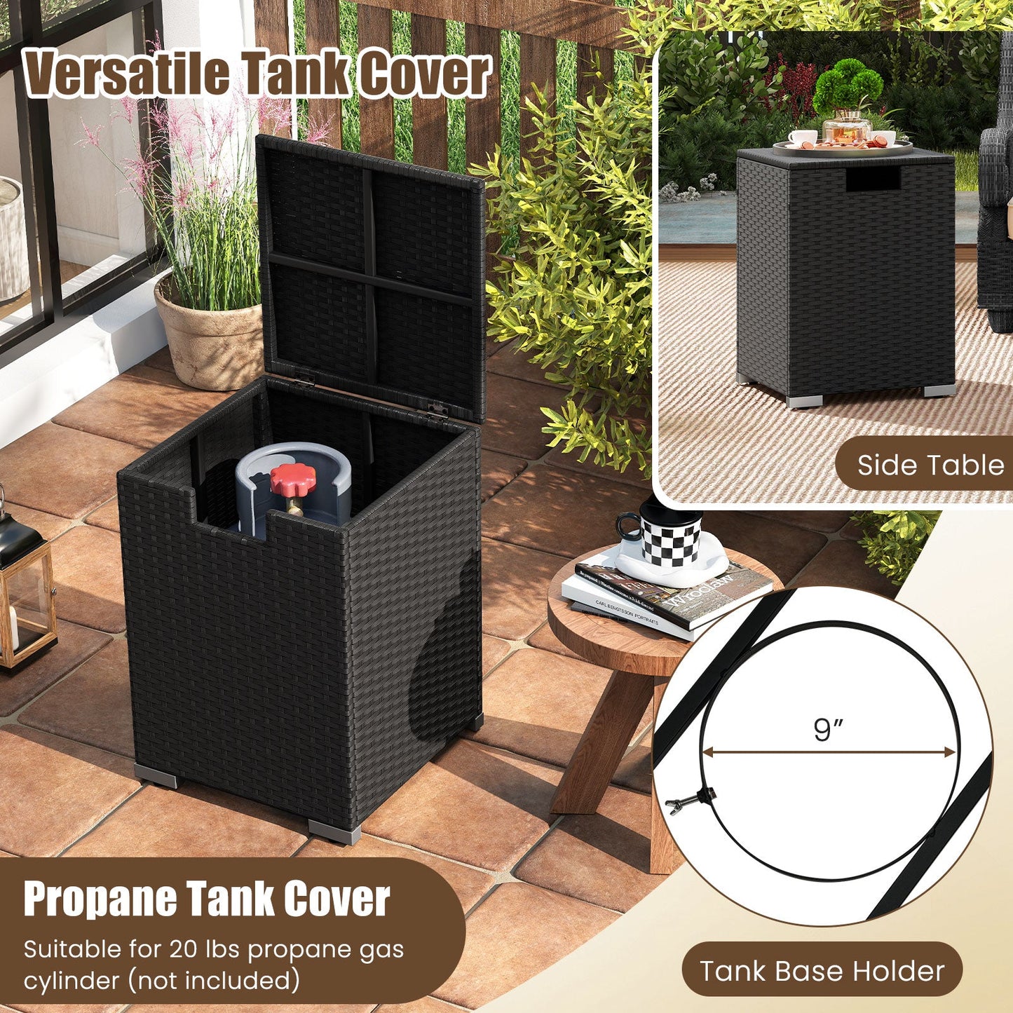 2-Piece Outdoor Rattan Fire Table Set 32 Inch Rectangle Gas Firepit with Tank Cover