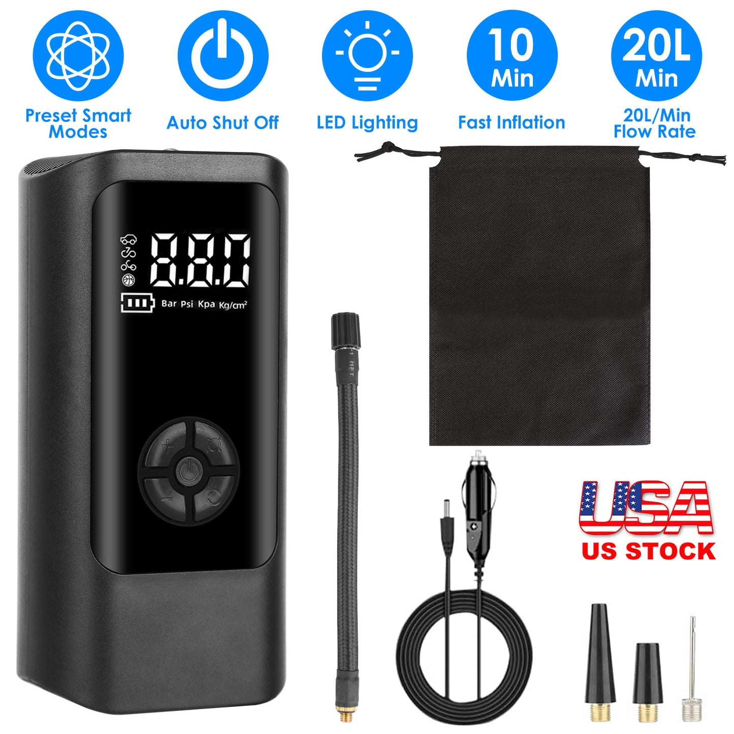 Portable Car Tire Inflator with LED Light & Digital Display
