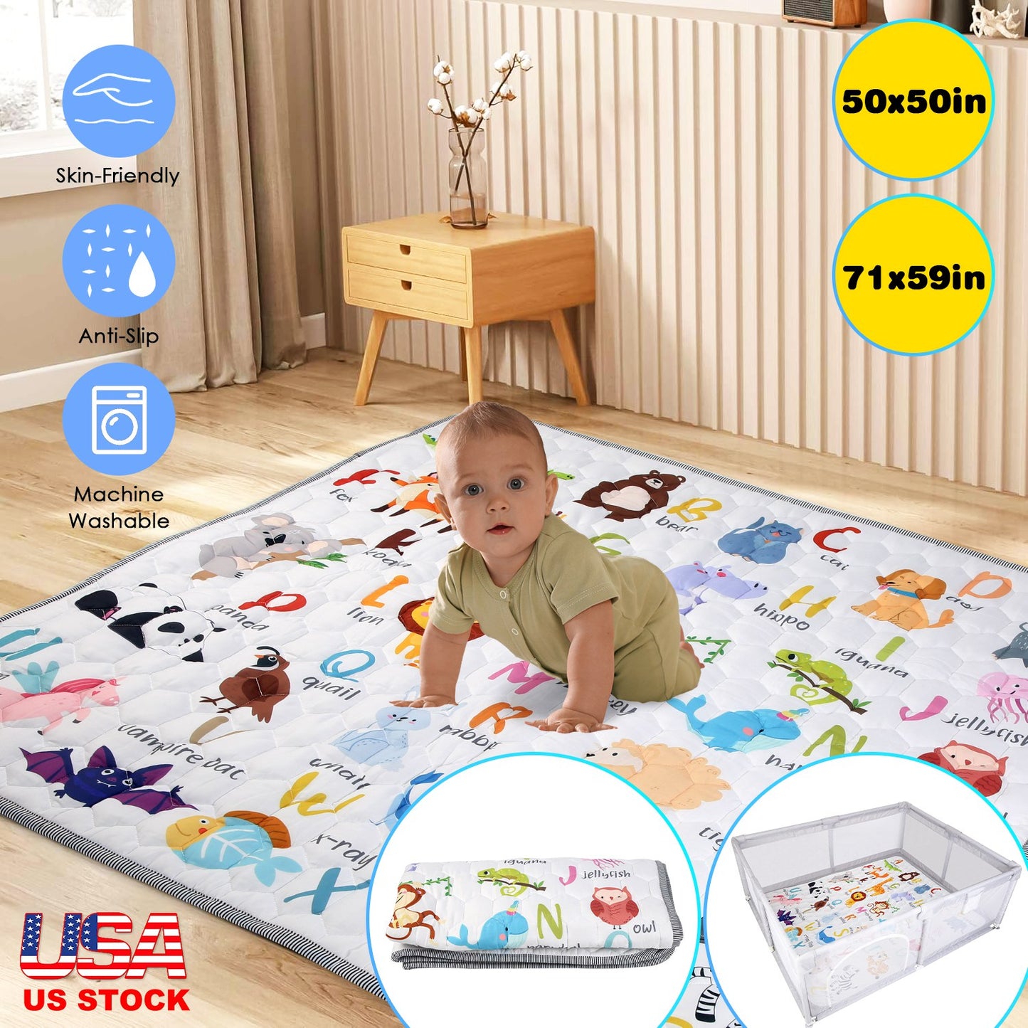 Baby Play Mat 50x50IN Non-Slip Foldable Crawling Mat