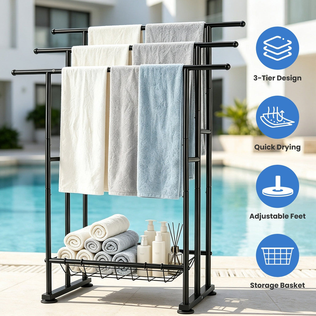 3-Tier Freestanding Towel Rack with Storage Basket - Black