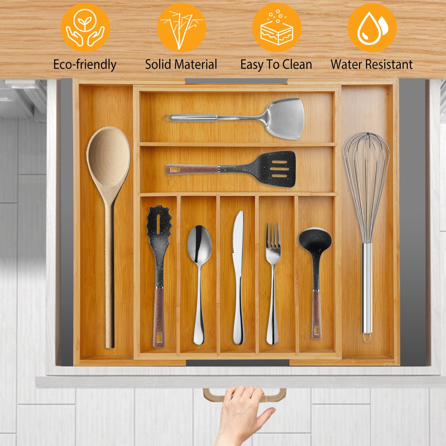 Expandable Bamboo Drawer Organizer with 9 Compartments