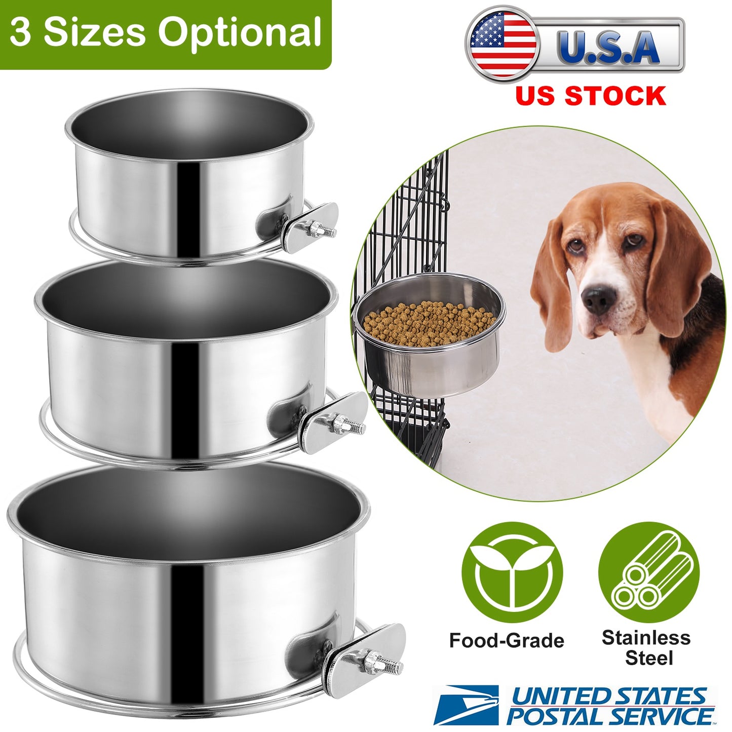 Stainless Steel Hanging Dog Bowl with Clamp Holder