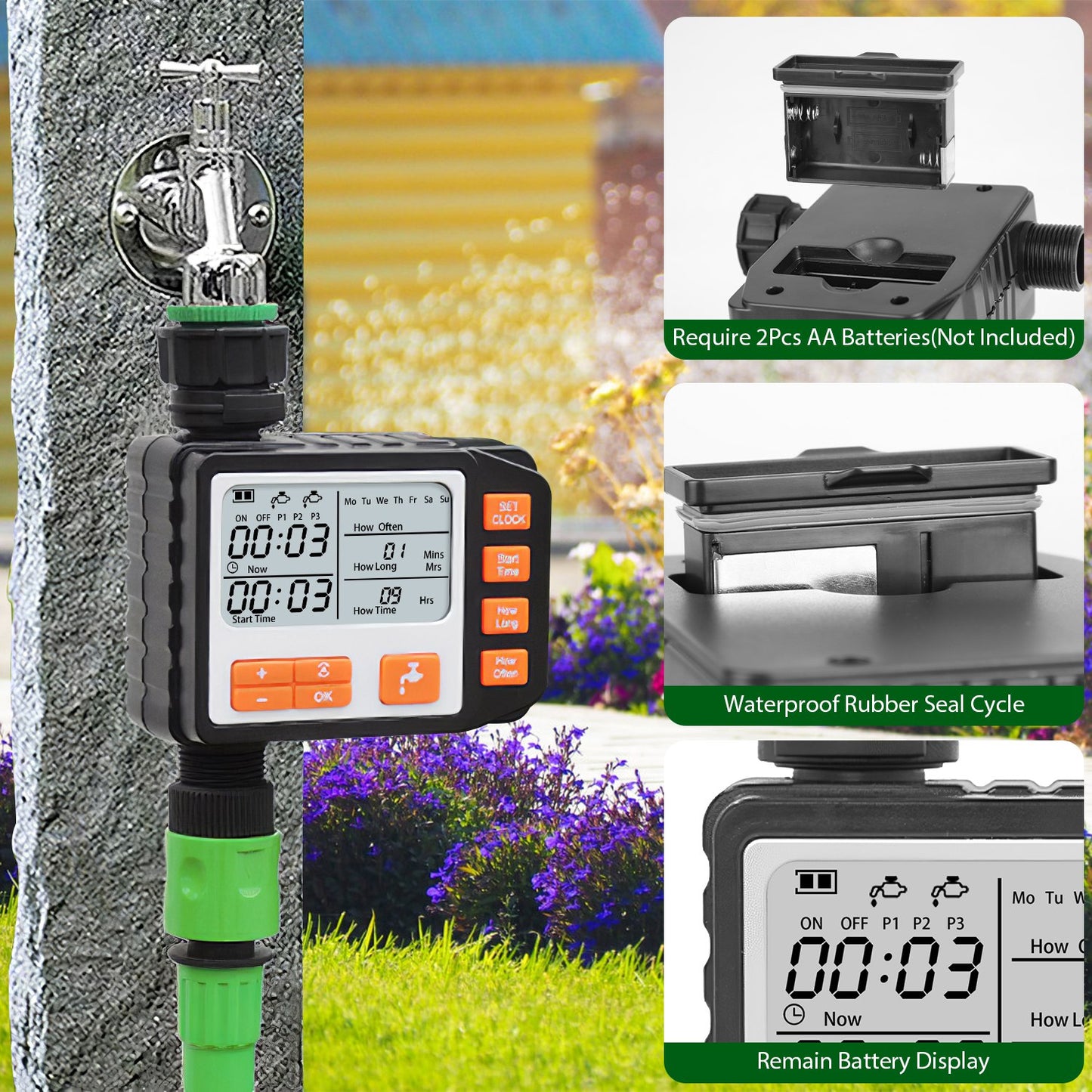 Sprinkler Timer with 3 Watering Programs and LED Display