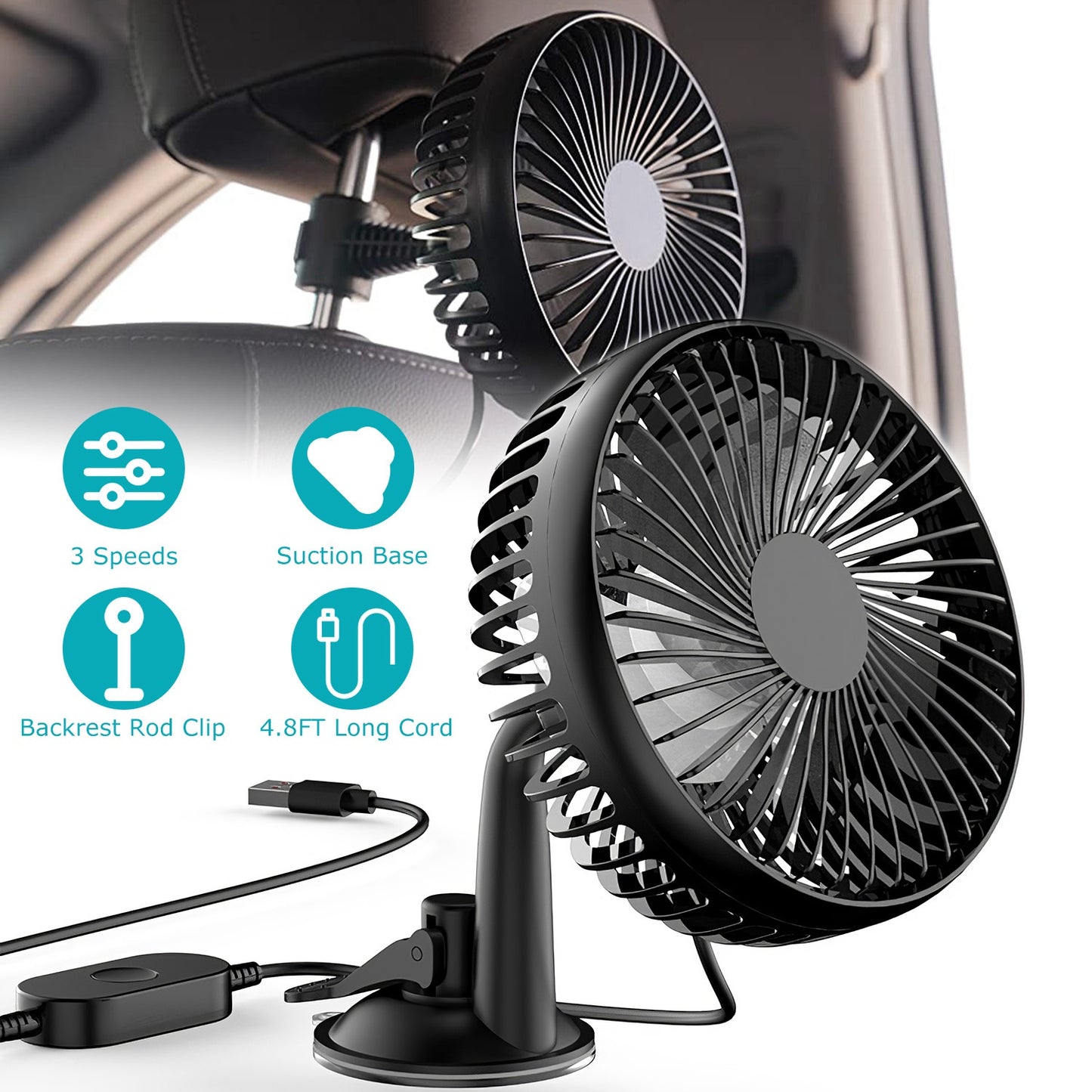 Car Cooling Fan USB Powered with 3 Speeds & Dual Mount