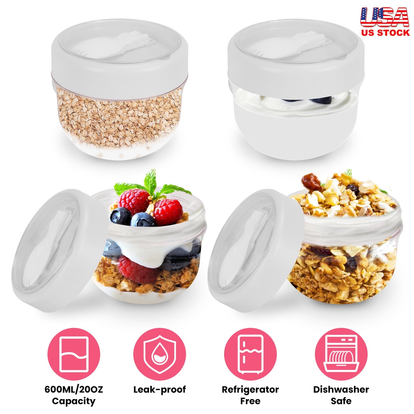 Overnight Oats Containers with Lids and Spoons, 20oz, 4-Pack
