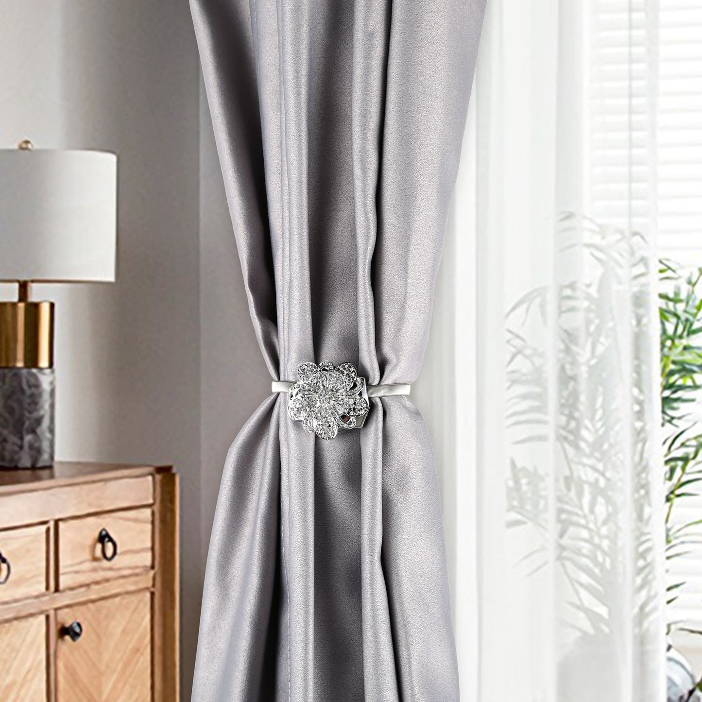Magnetic Curtain Tiebacks with Floral Crystal Design - 2 Pack