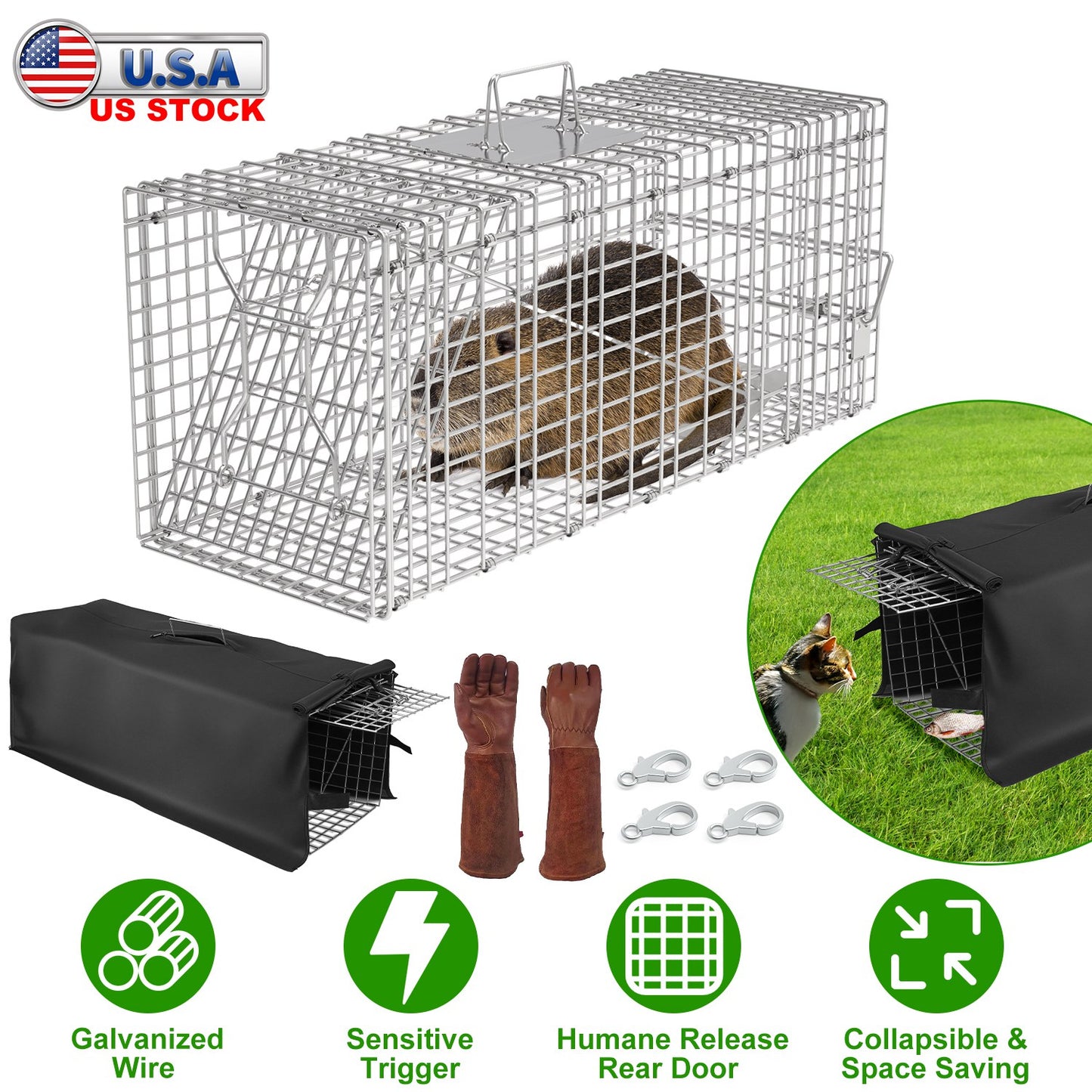 Humane Live Animal Trap Cage with Waterproof Cover - 30.5"
