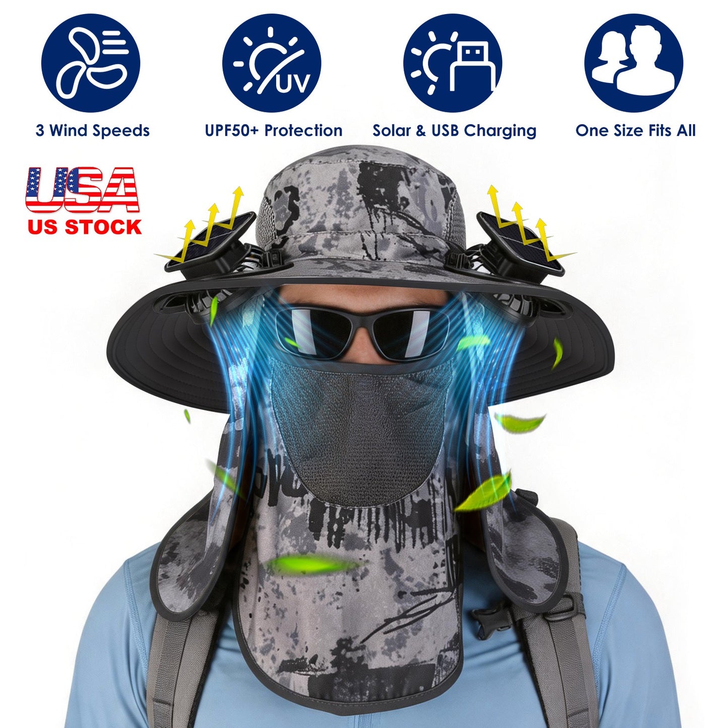 Solar Fan Hat with UPF50+ Sun Protection and Neck Flap
