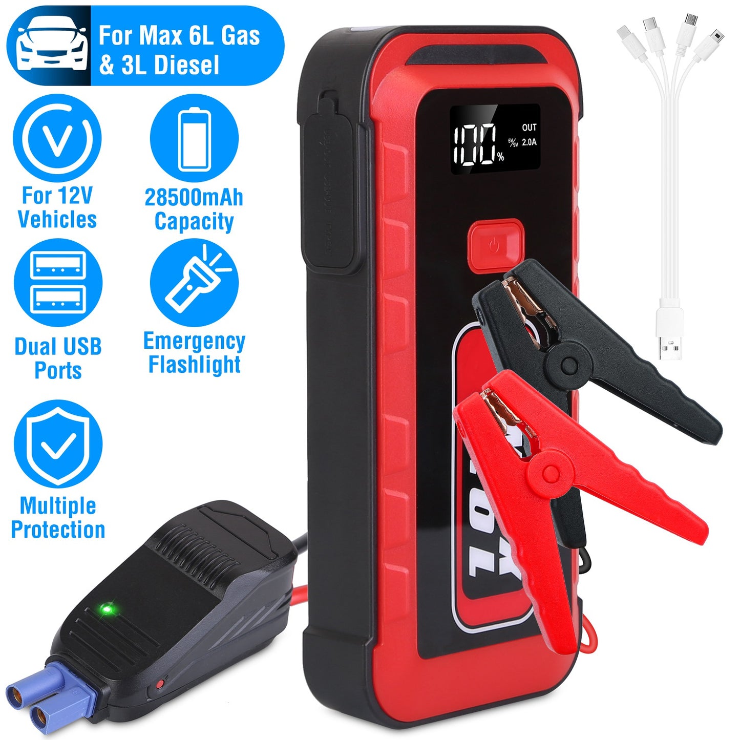 Car Jump Starter 2500A Peak 25800mAh Power Bank with LED Flashlight