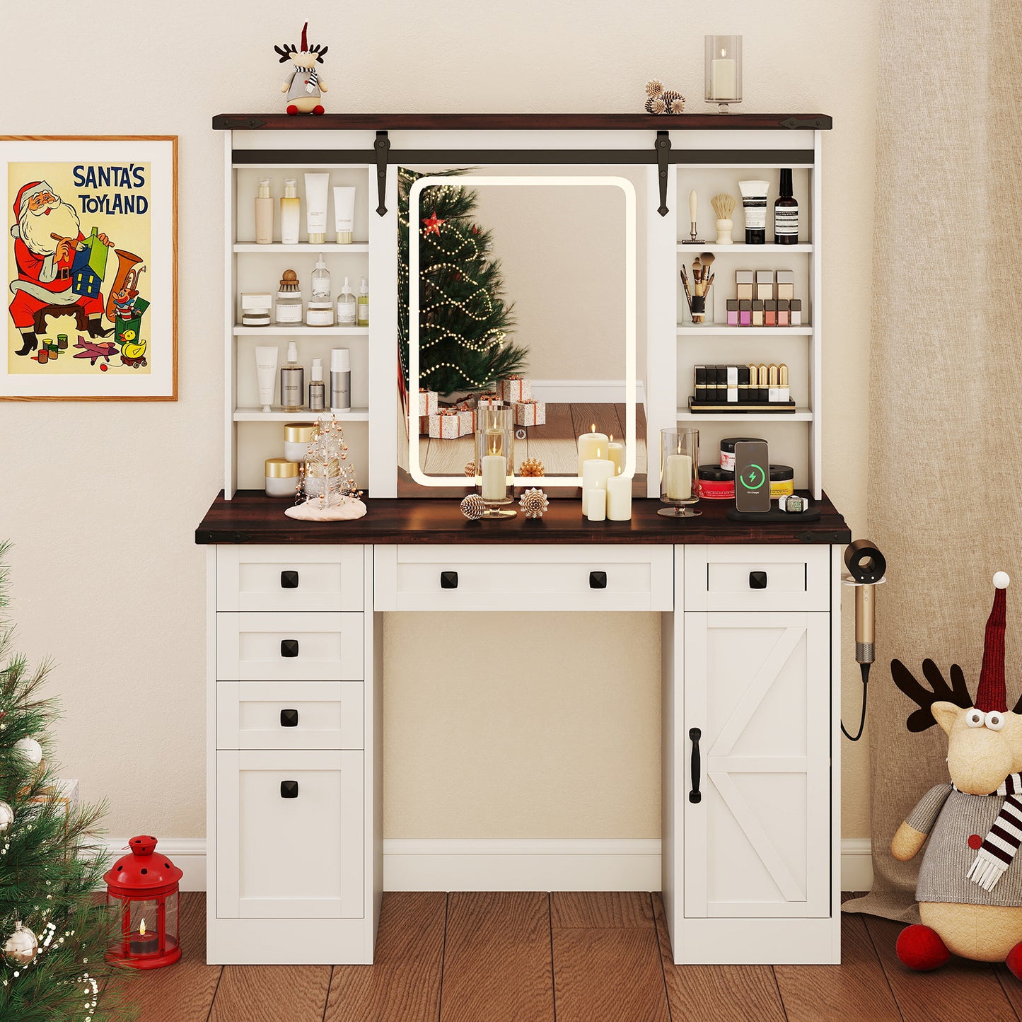 Vanity Desk with Sliding Mirror and 3 Lighting Modes