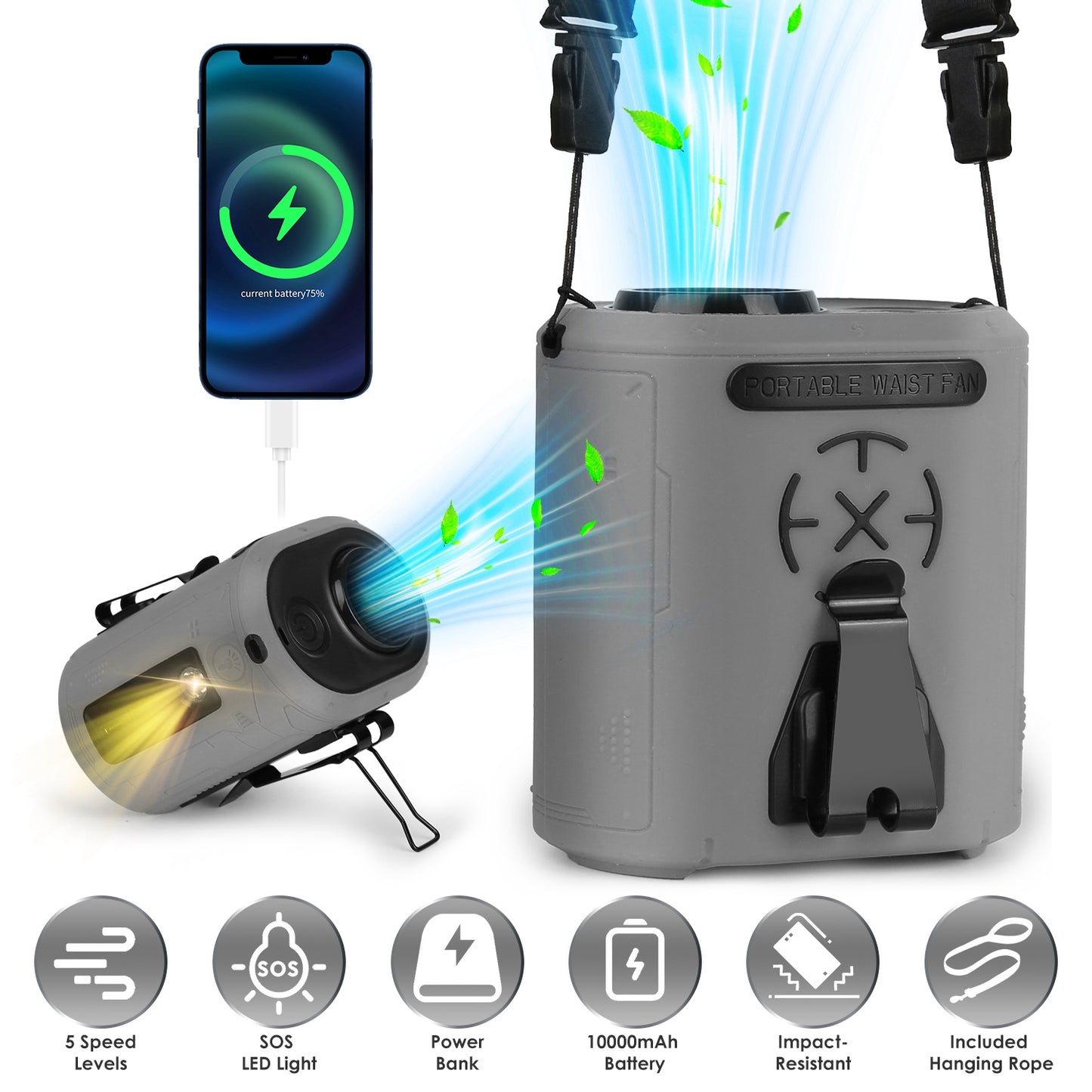 Portable Waist Clip Fan 5-in-1 with 10000mAh Power Bank