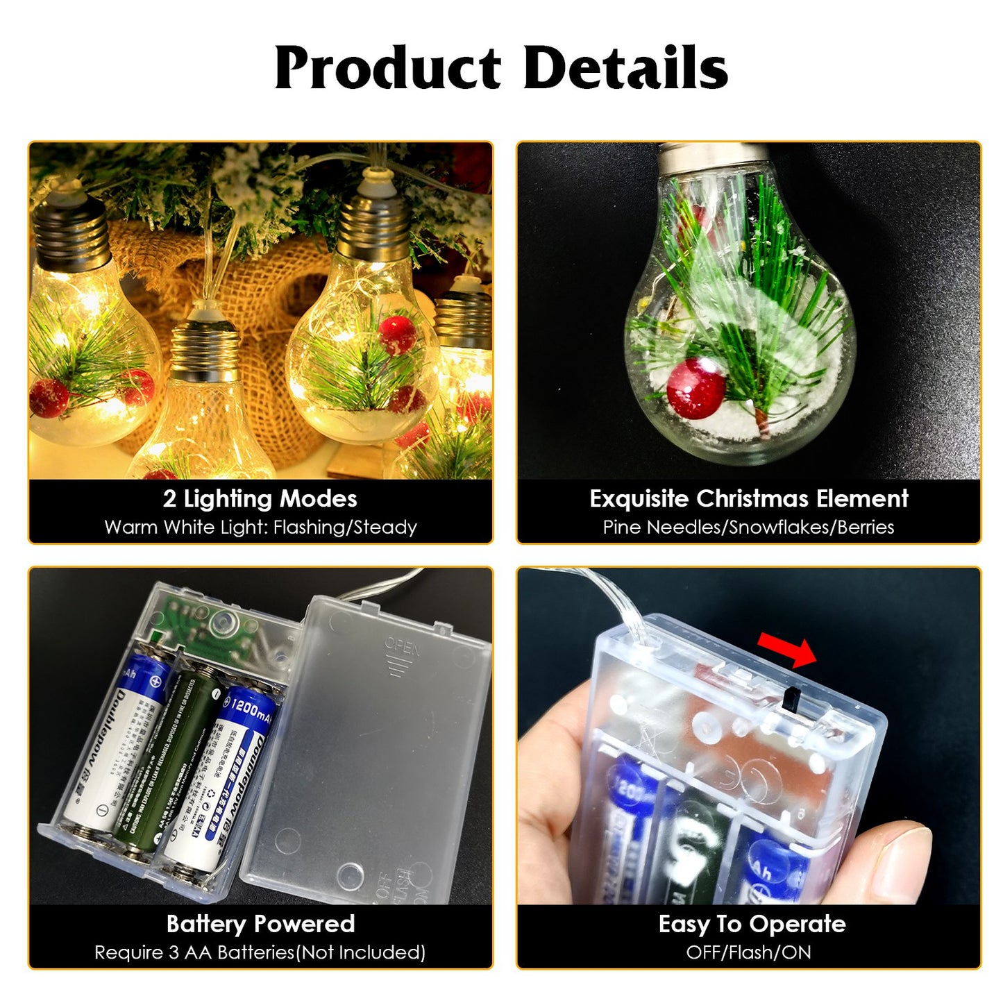 Snow Globe String Lights 10 LED Battery Powered Christmas Decor