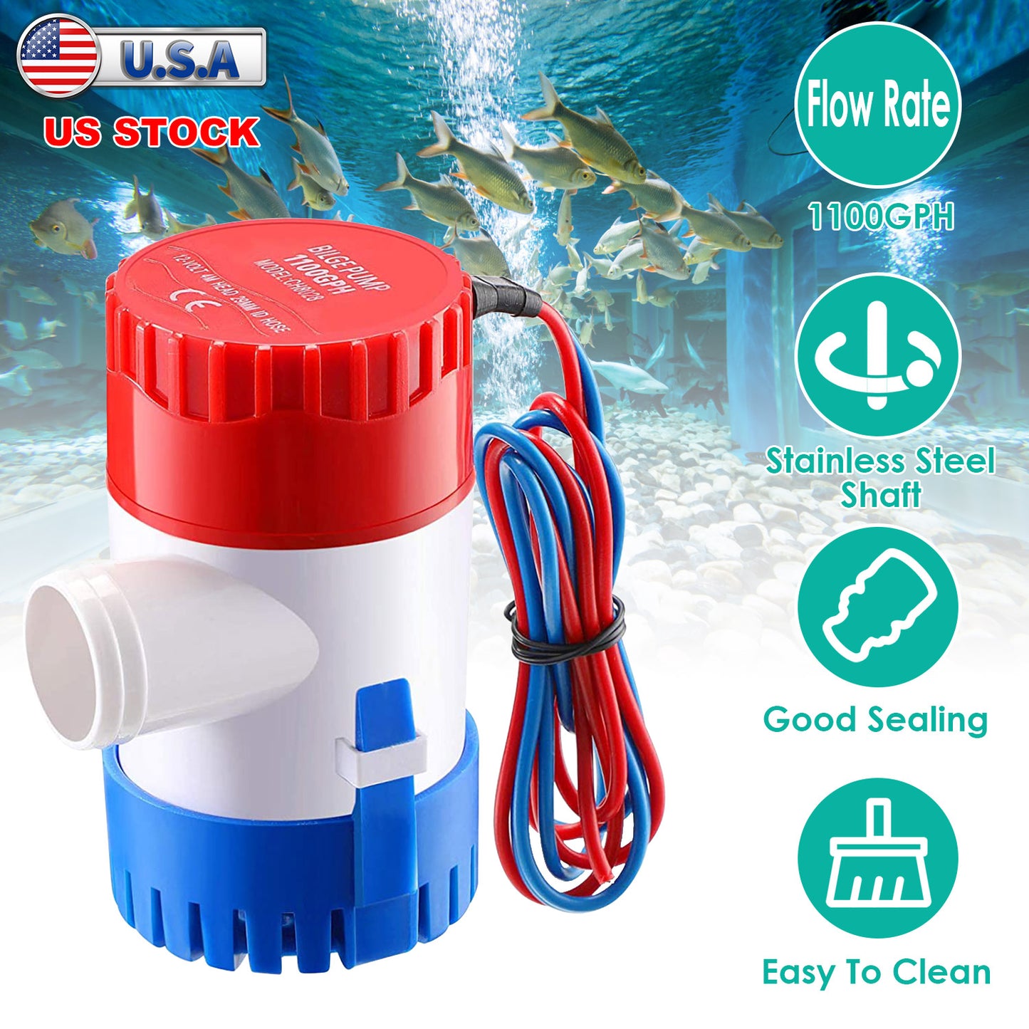 12V Submersible Bilge Pump 1100GPH Marine Water Drainage
