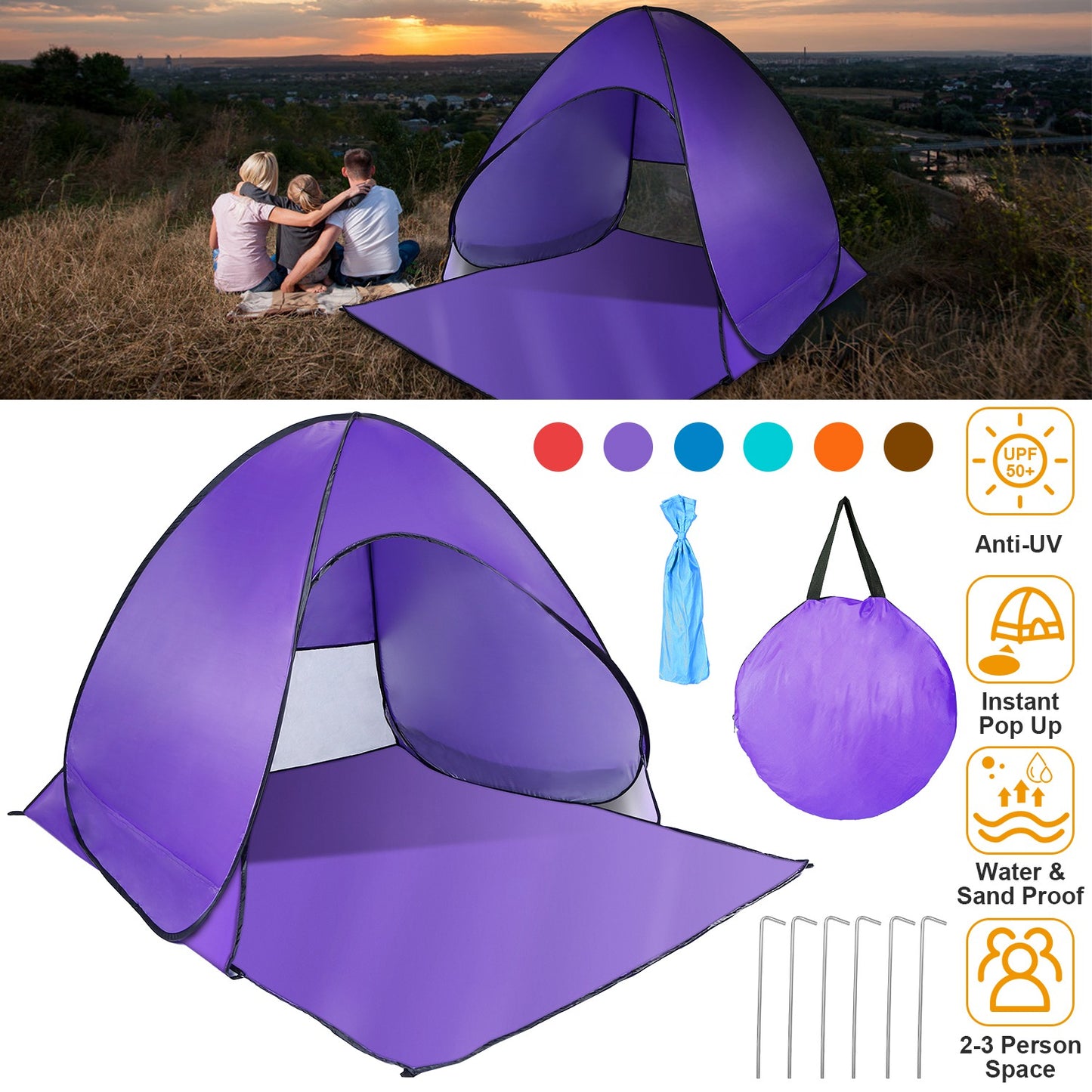 Pop Up Beach Tent with UPF50+ Sun Protection for 2-3 People