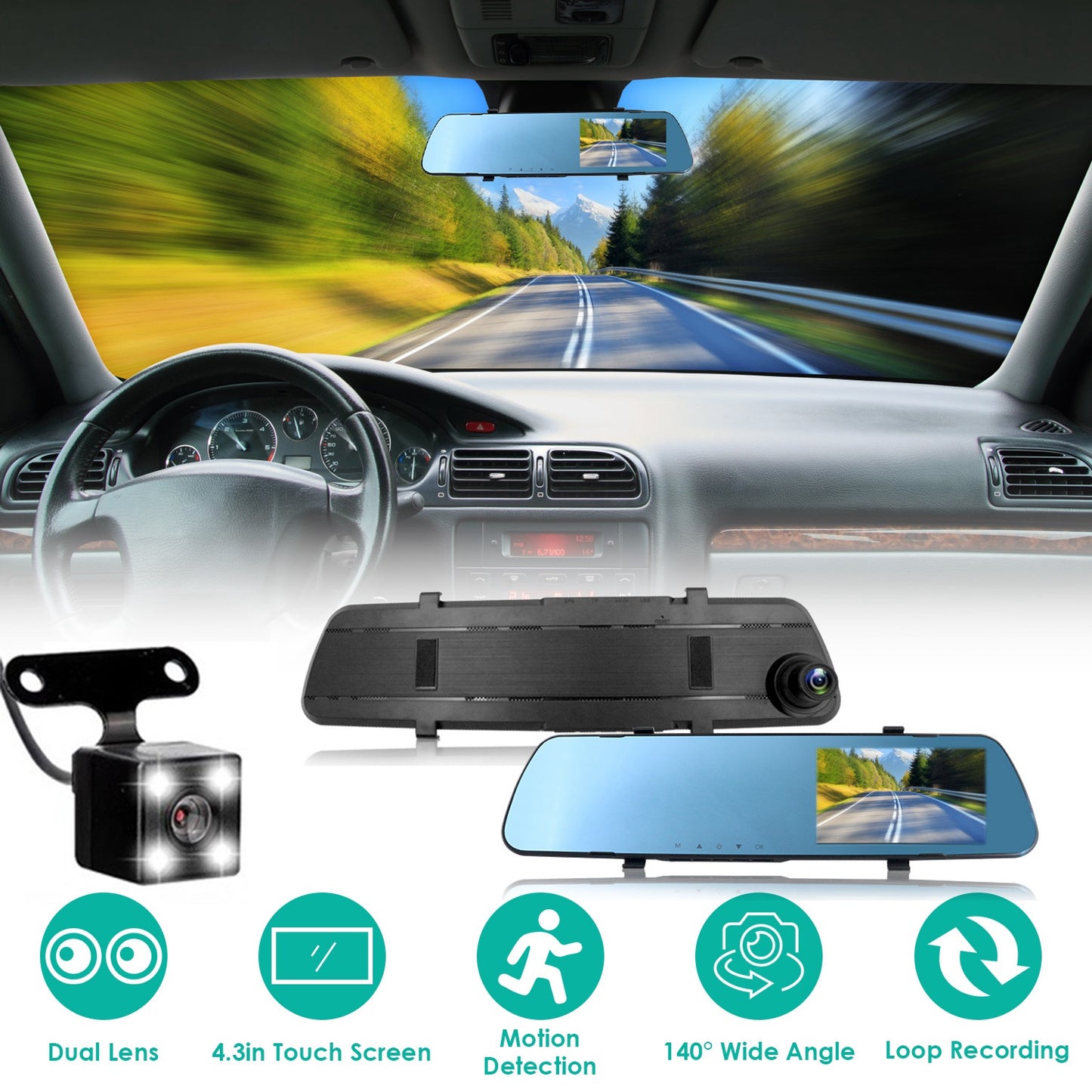 Dual Dash Cam 1080P Front & Rear with 4.3" Touch Screen