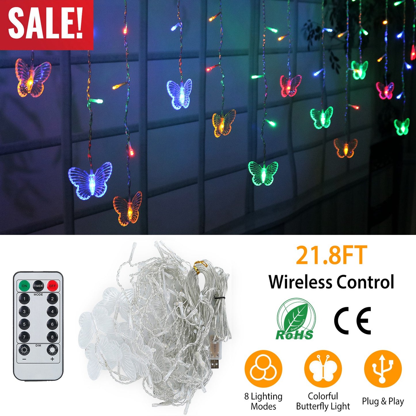 Butterfly Curtain String Lights with Remote - 96 LED, 11.5ft
