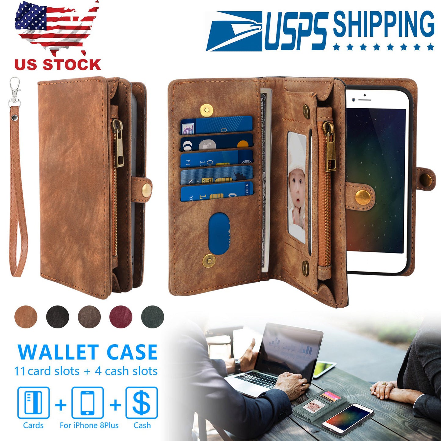 iPhone 8 Plus Wallet Case with 15 Card Slots & Detachable Cover