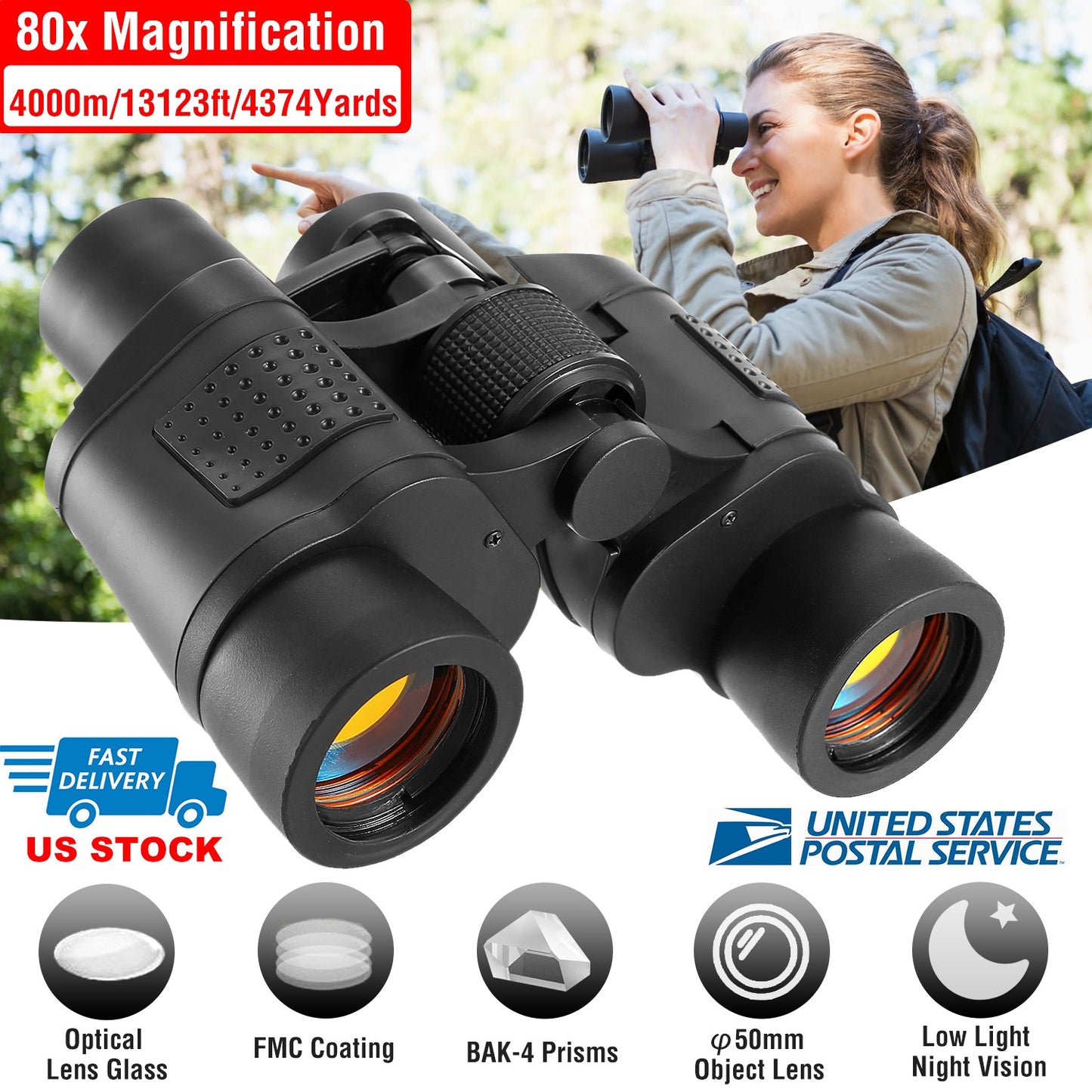 80x50 HD Binoculars with FMC Lens and Low Light Vision