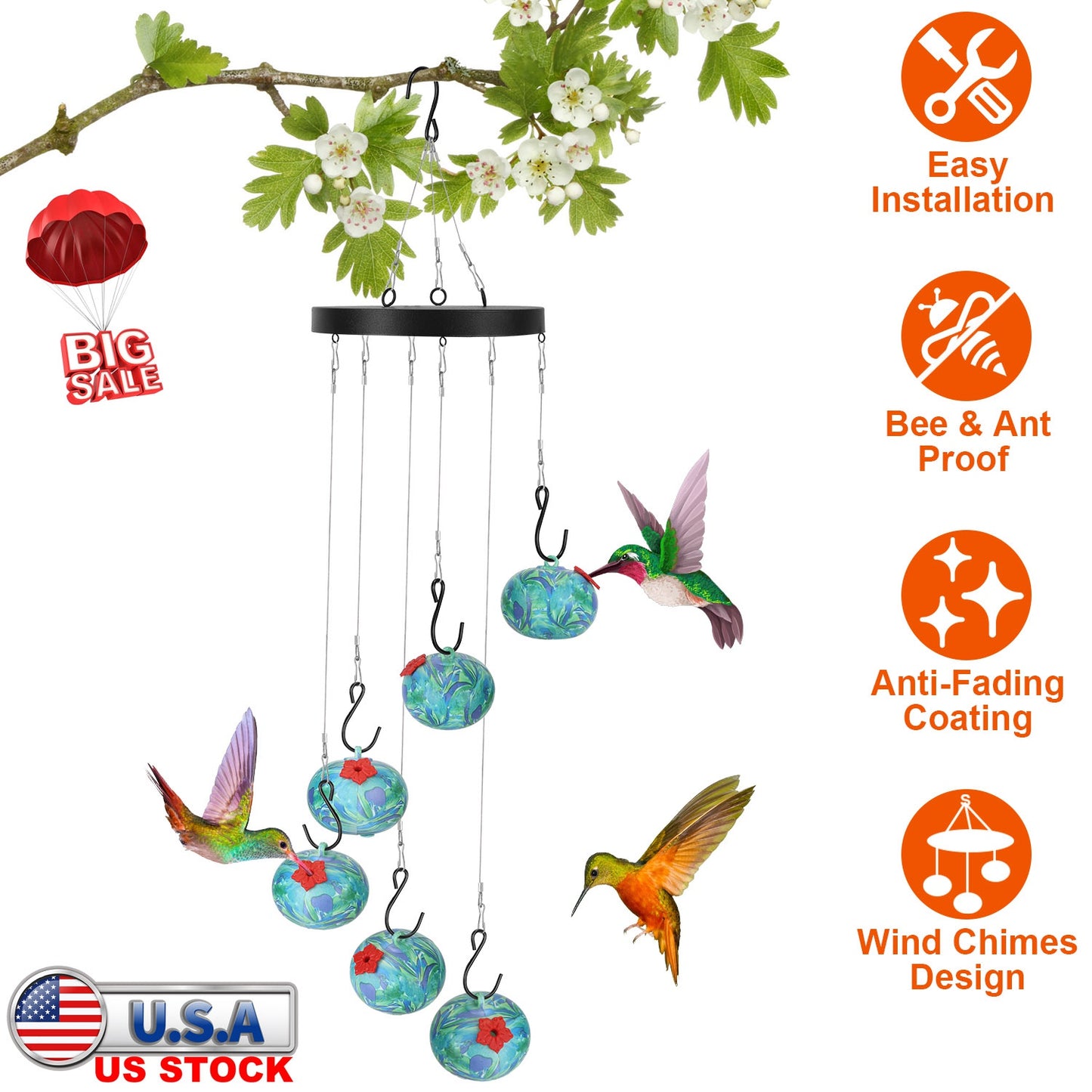 Wind Chime Hummingbird Feeder with Ant & Bee Proof Design