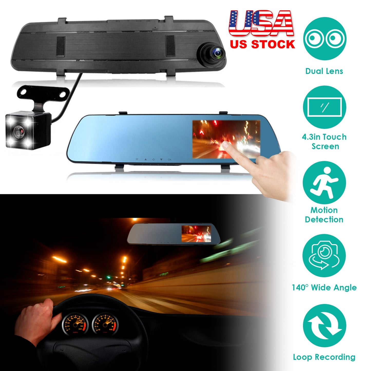 Dual Dash Cam 1080P Front & Rear with 4.3" Touch Screen