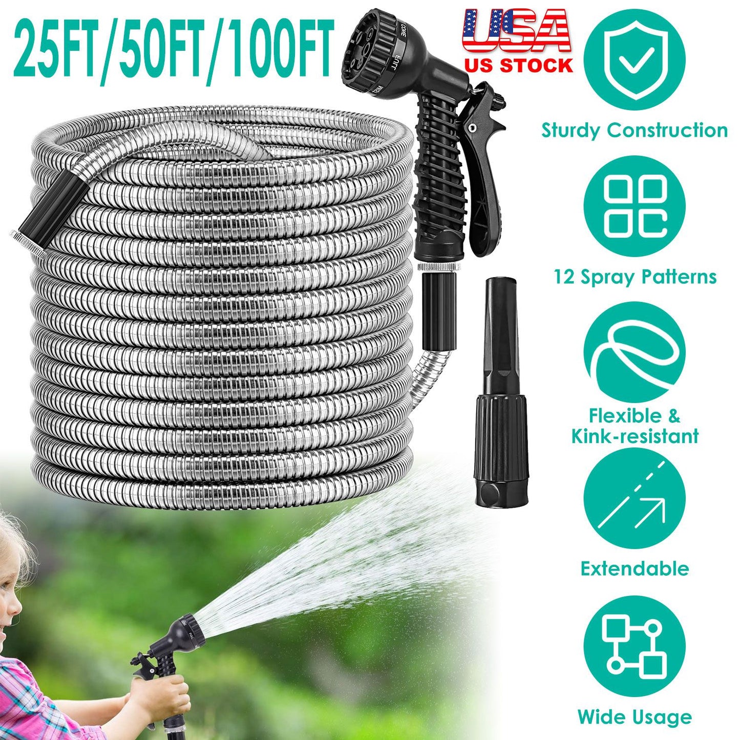 Stainless Steel Garden Hose with Dual Spray Nozzles