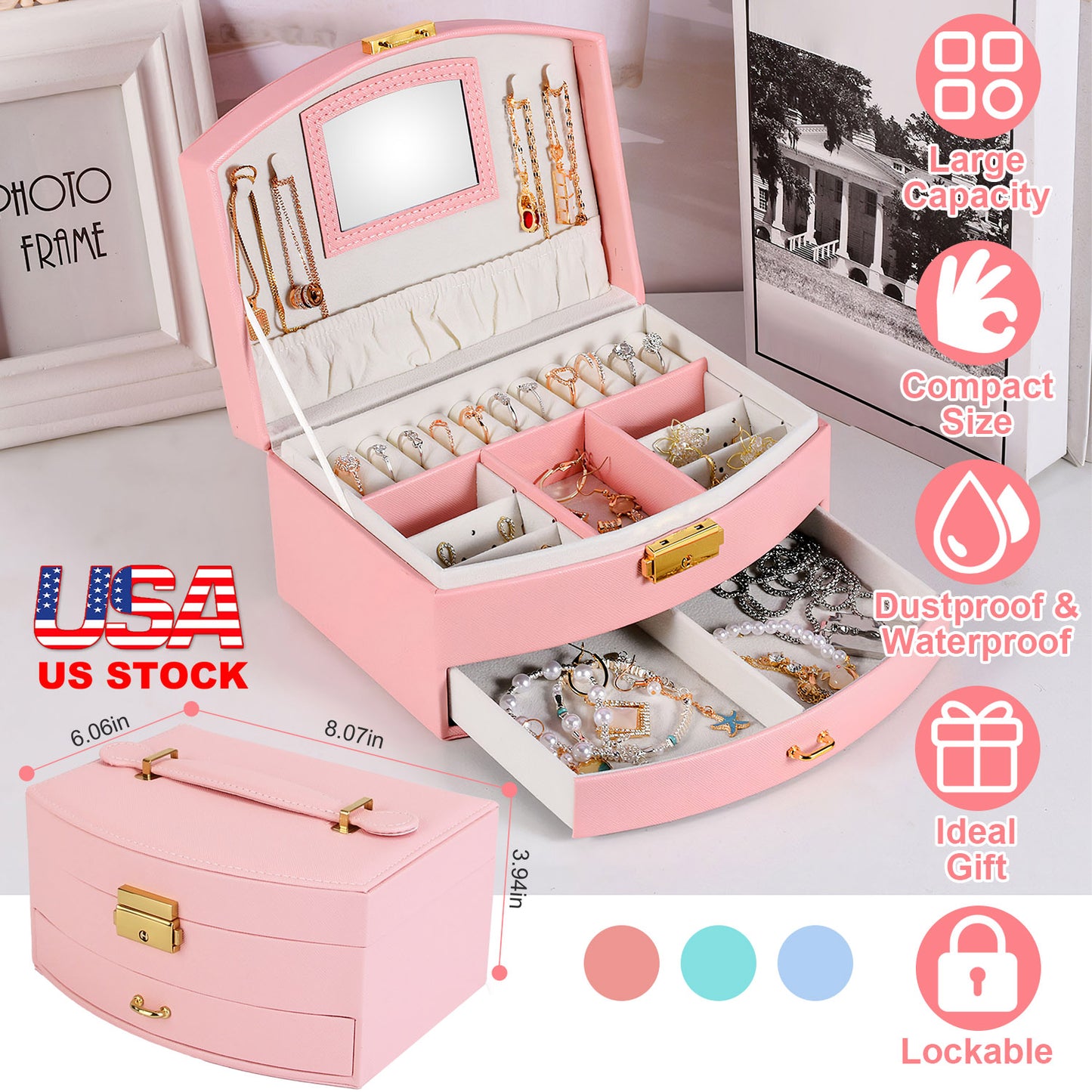2-Layer Lockable Jewelry Box with Travel Handle & Mirror