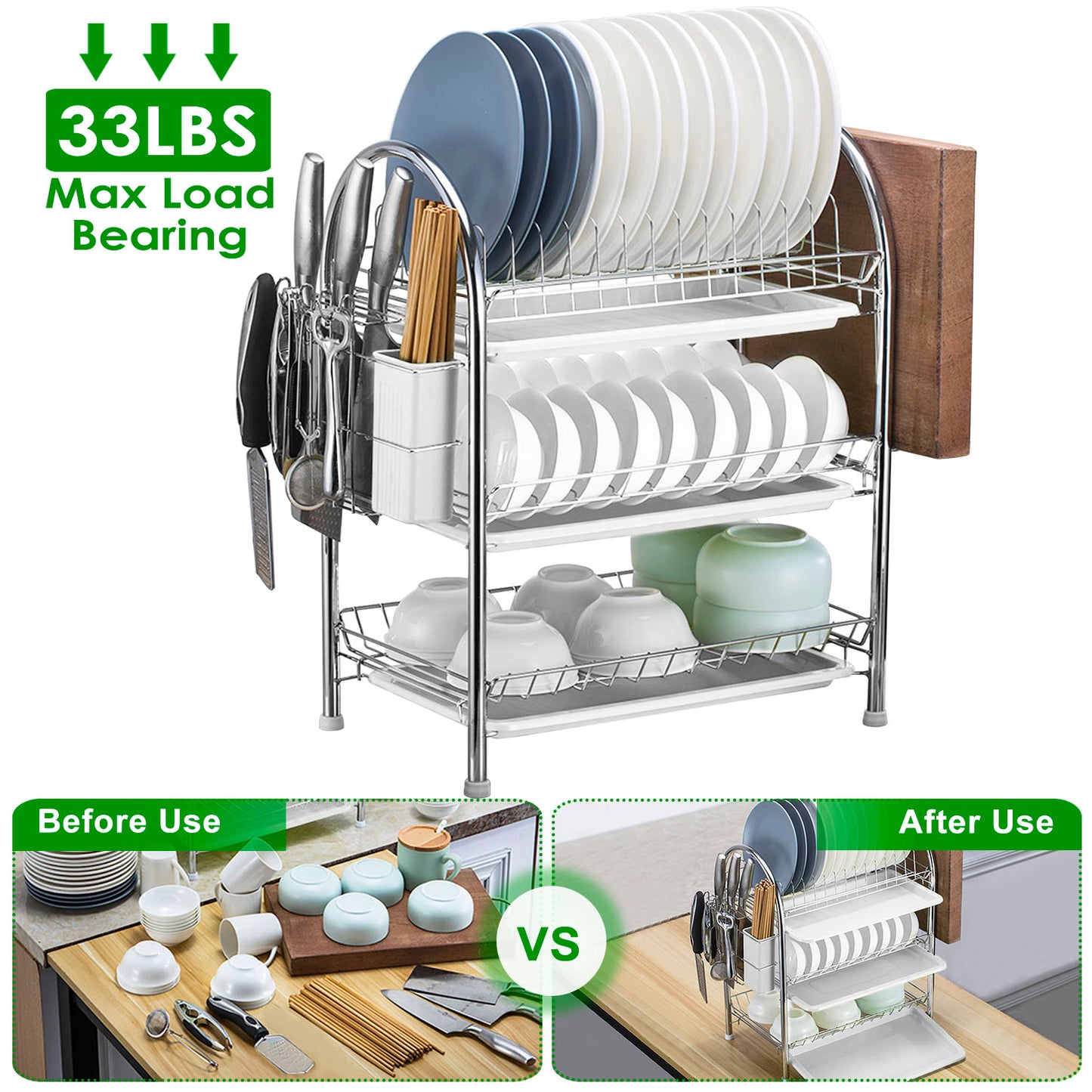 3-Tier Dish Drying Rack with Utensil Holder & Drain Trays