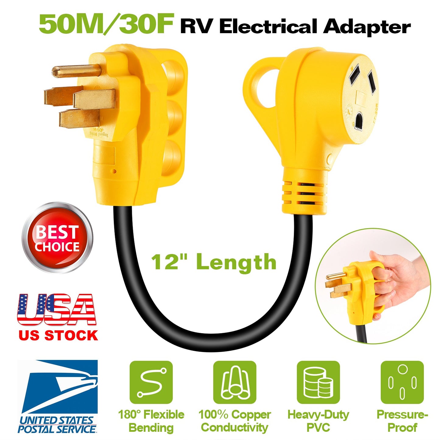 RV Electrical Adapter 50 Amp Male to 30 Amp Female 12 Inch