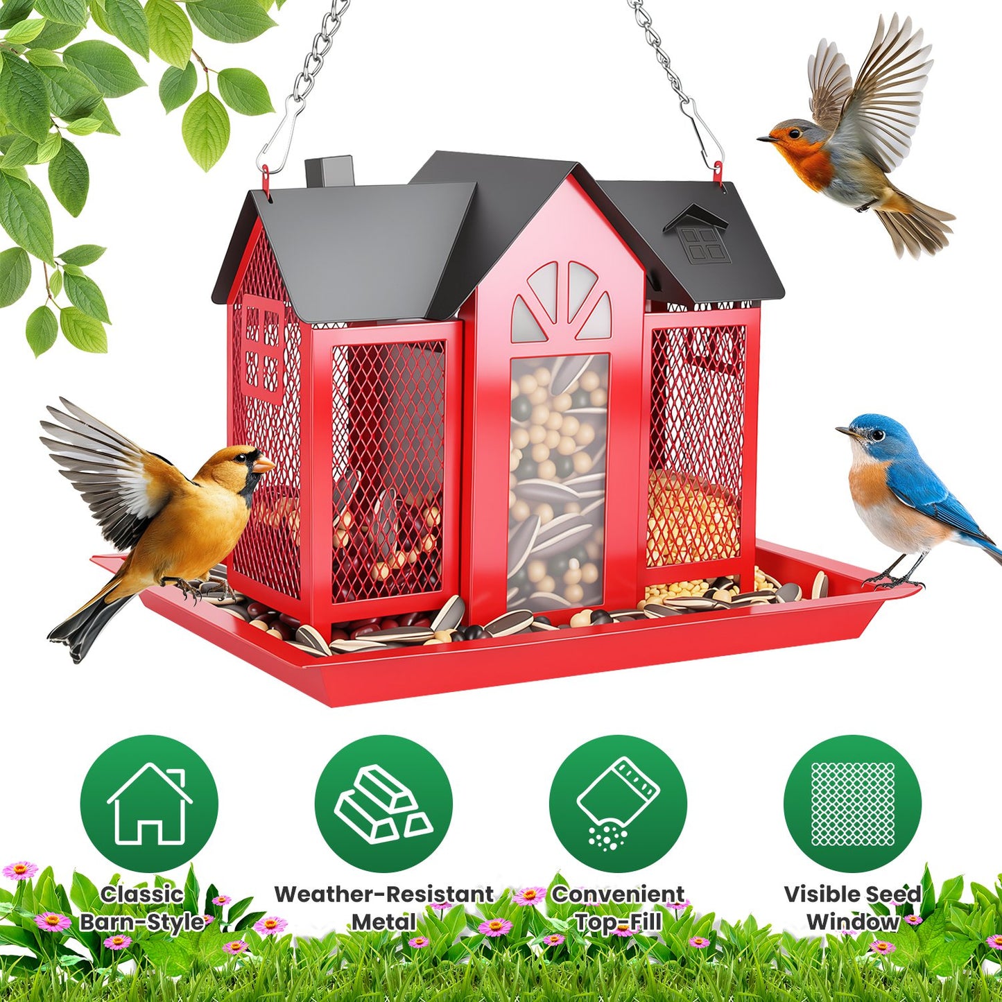 Barn Bird Feeder with Transparent Window & Lift Top Lid
