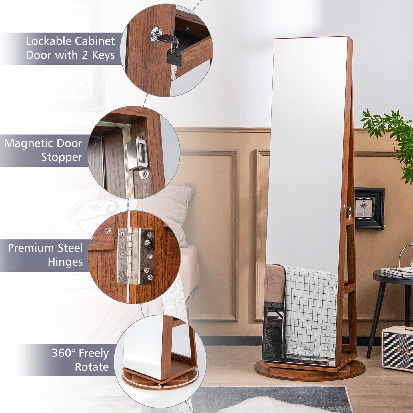 Rotating Mirrored Jewelry Armoire with LED Lighting