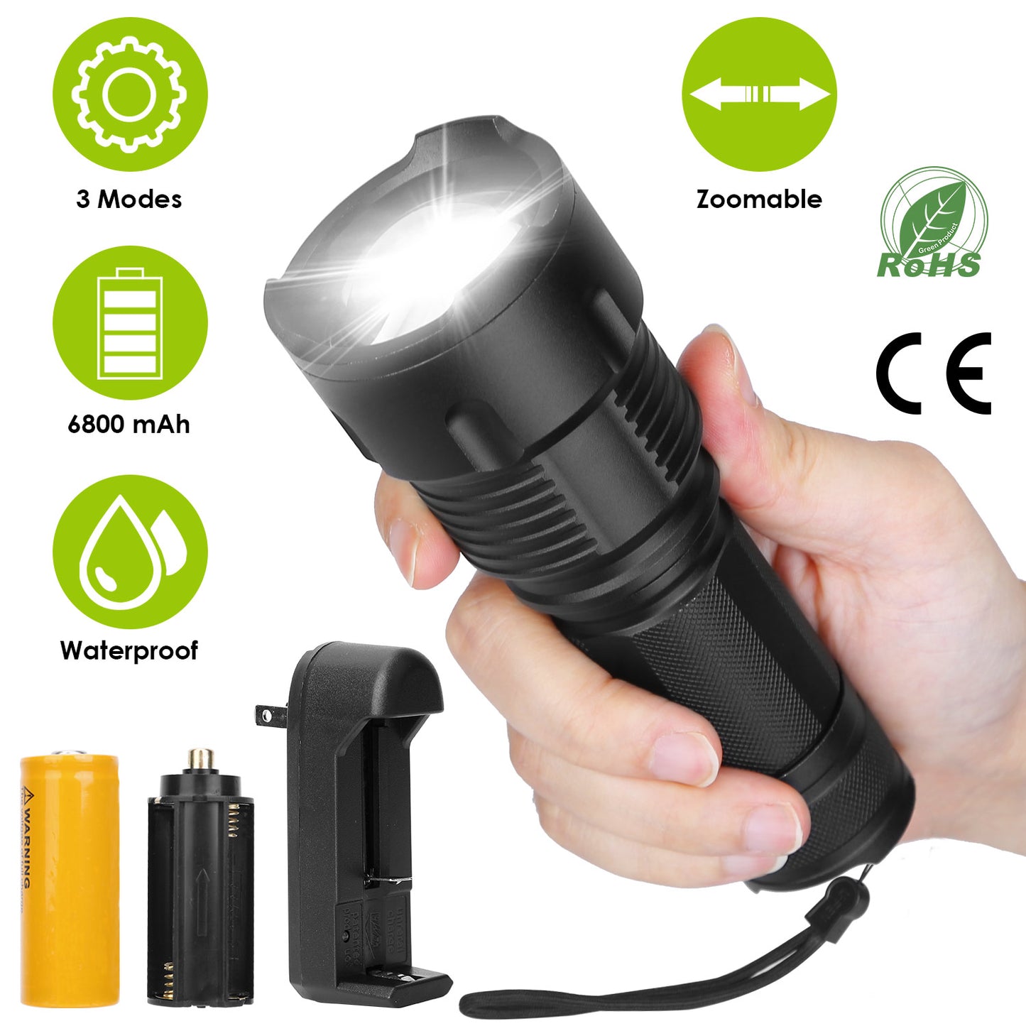 Rechargeable LED Flashlight with Zoomable Focus & 3 Modes