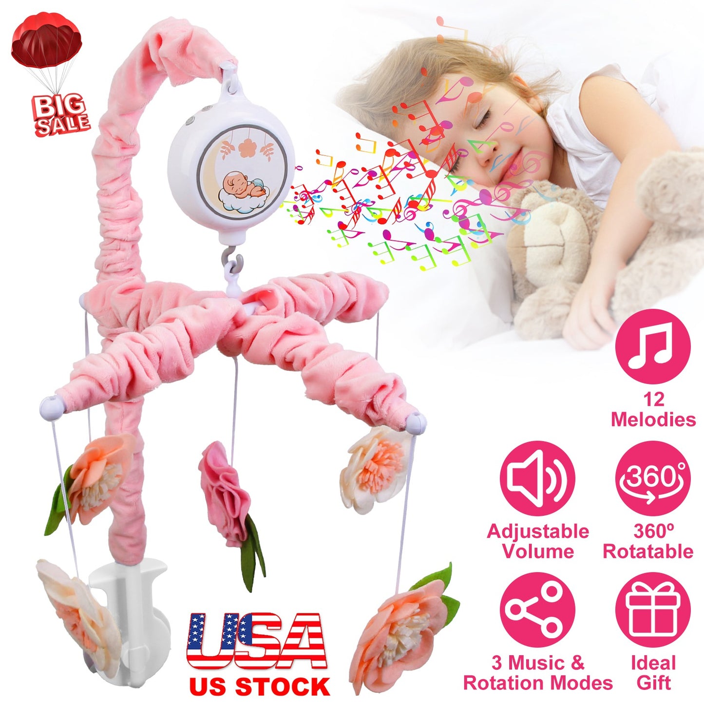 Musical Crib Mobile with 12 Melodies & Flower Rattles