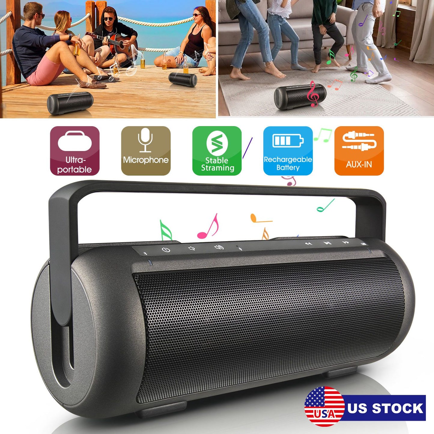 Portable Wireless Speaker with Dual Subwoofer & Microphone