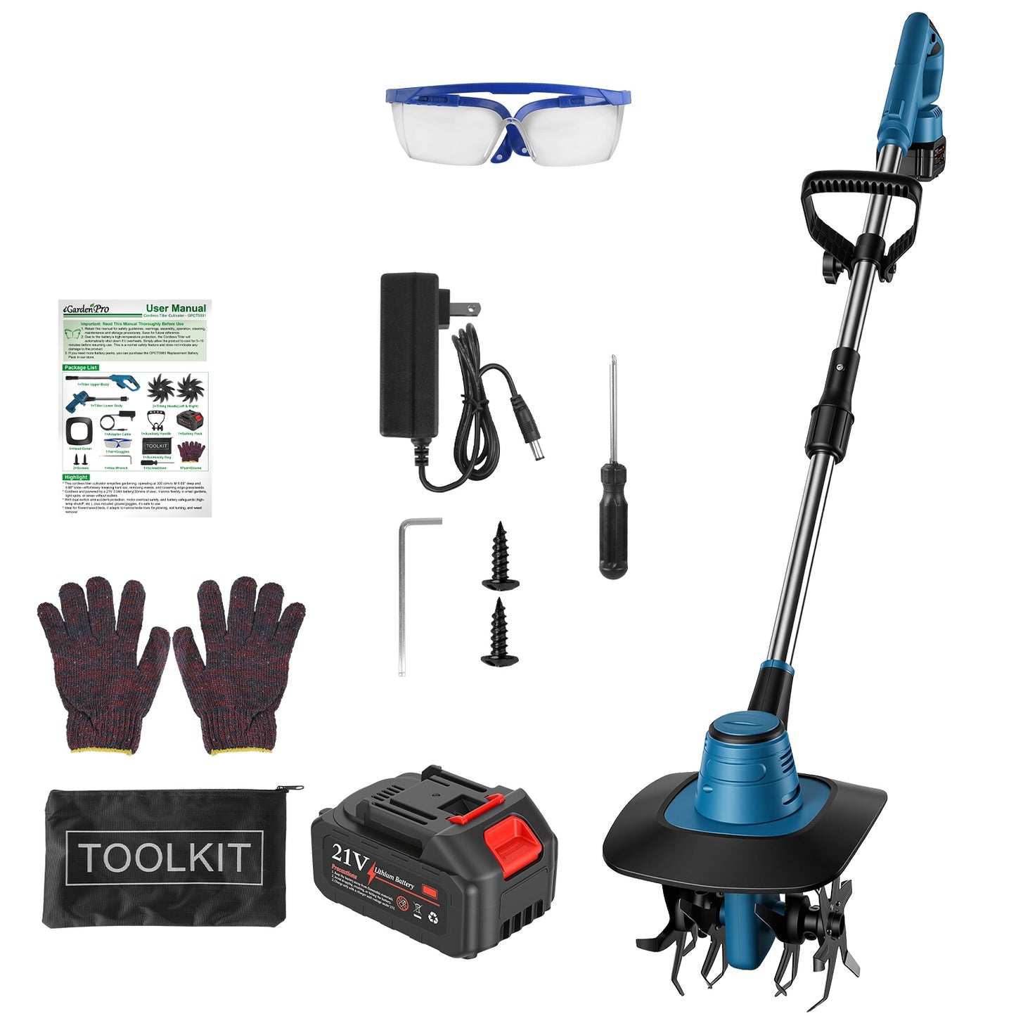 Cordless Tiller Cultivator 800W 21V Battery Powered Garden Tool