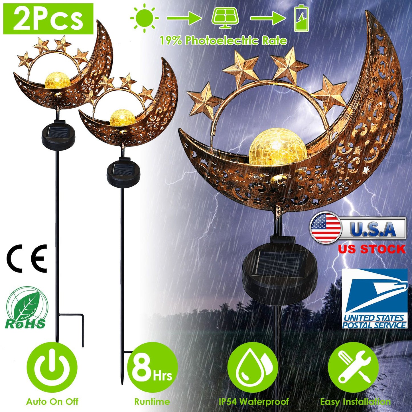 Solar Moon Star Garden Stake Light with Crackle Glass Globe