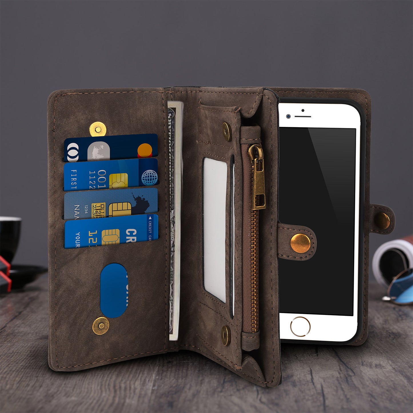 iPhone 6s Wallet Case with Detachable Magnetic Cover - Brown