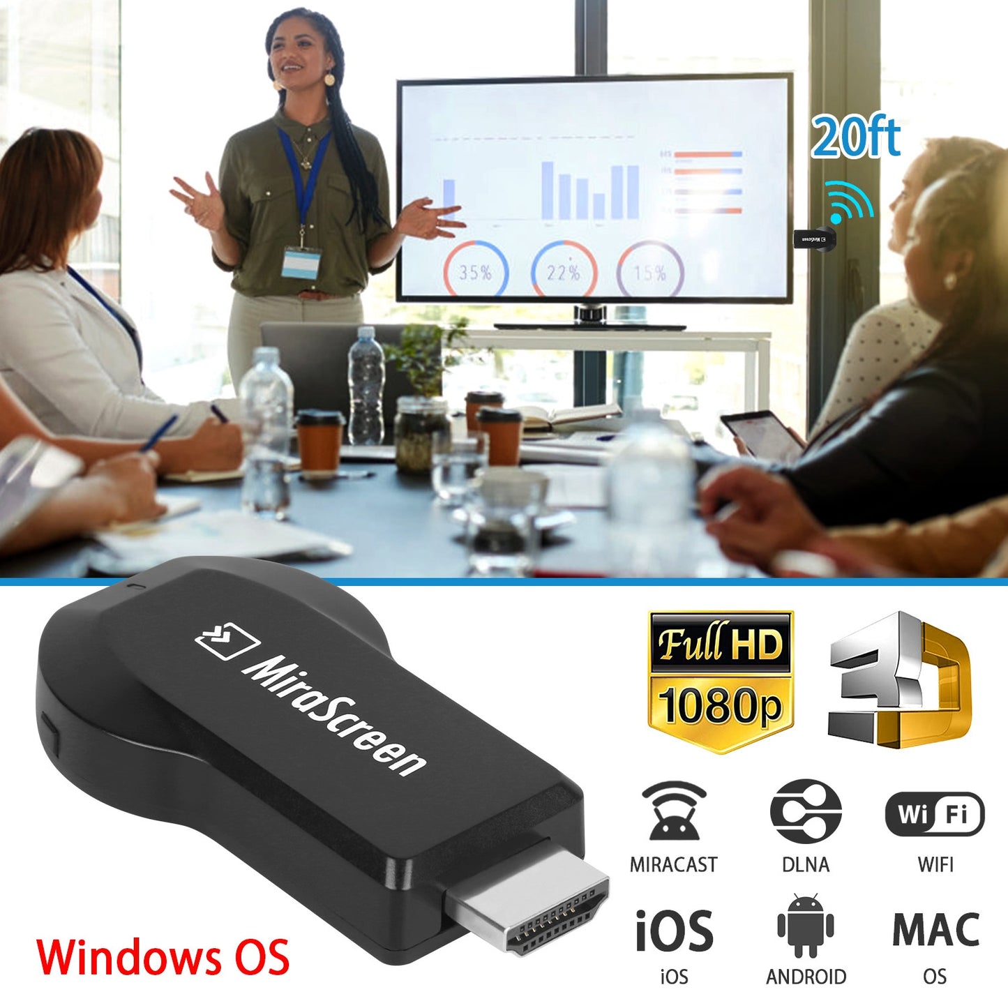 Wireless Display Adapter 1080P HDMI Miracast Dongle