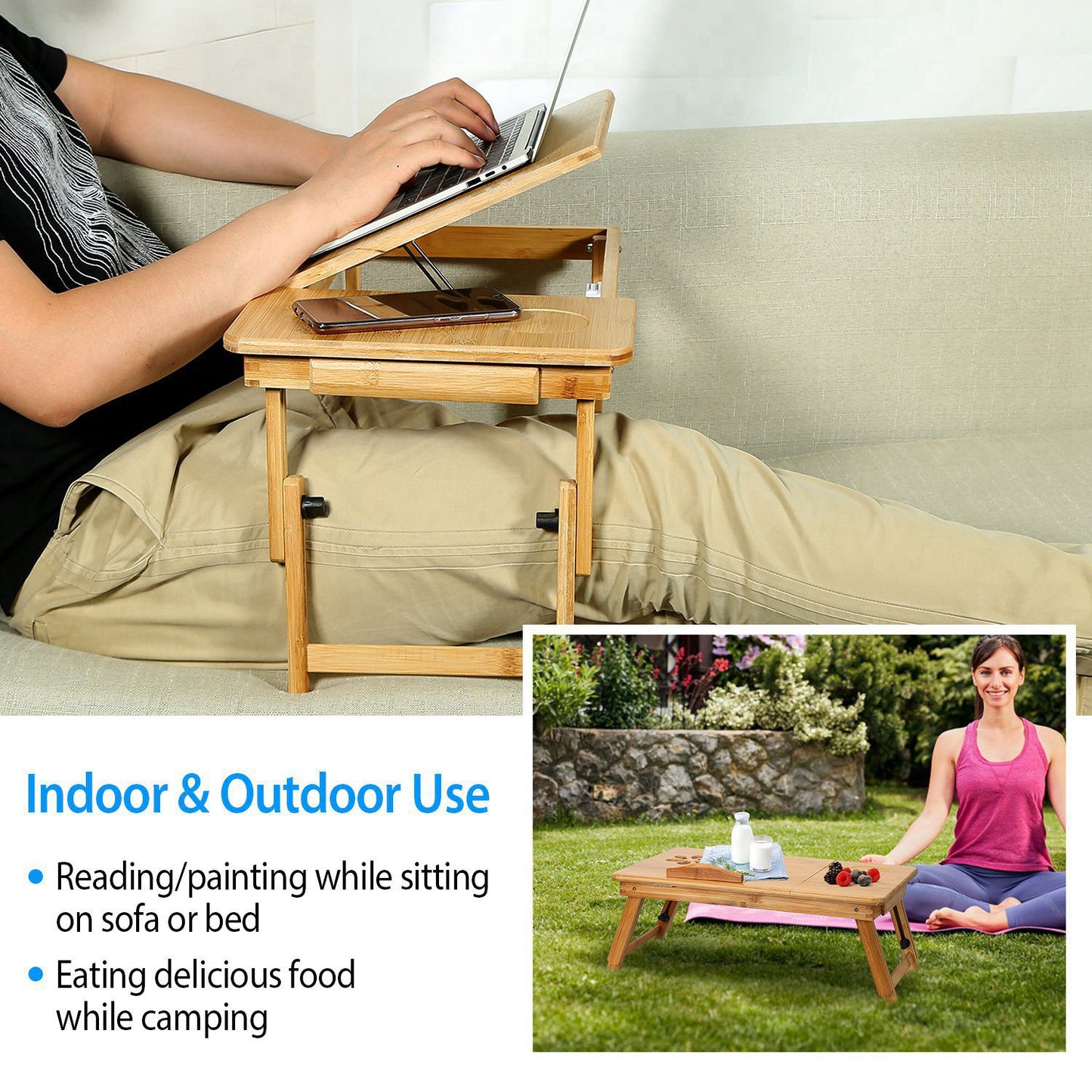 Bamboo Laptop Desk with Adjustable Legs and Storage Drawer