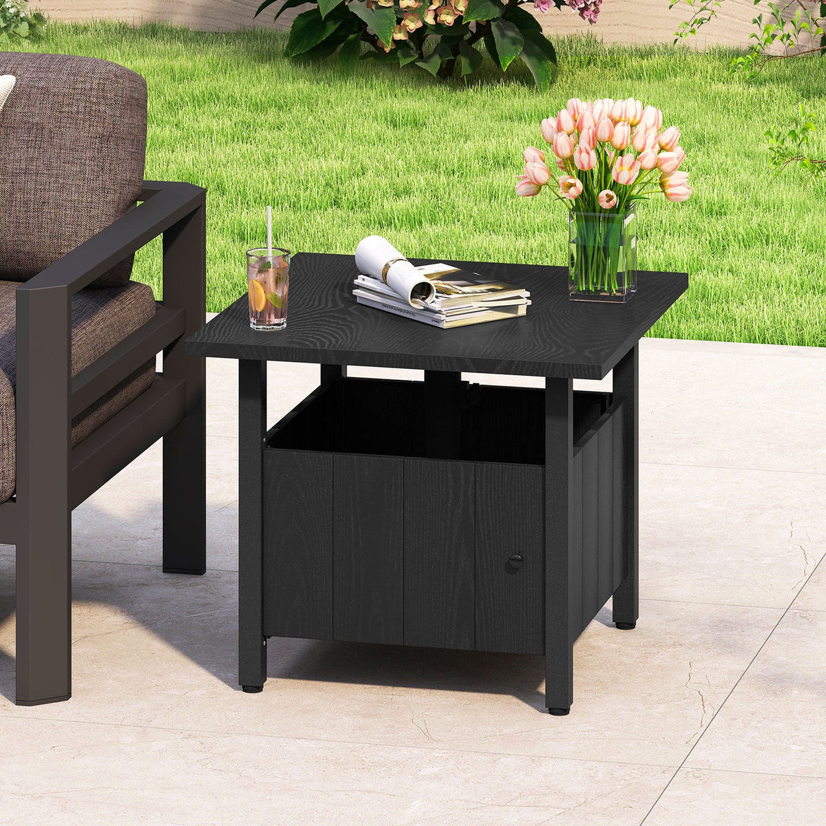 Outdoor Side Table with 1.89" Umbrella Hole Patio Umbrella Table Base Stand-Black