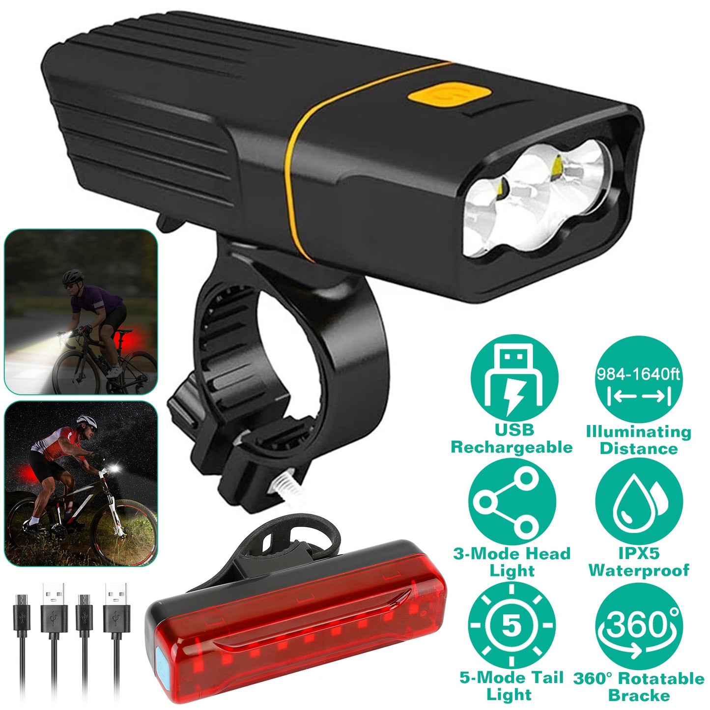 USB Rechargeable Bike Light Set with Headlight and Taillight