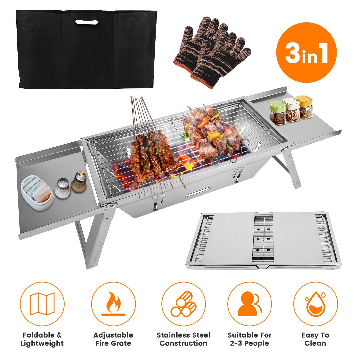 3-in-1 Foldable Charcoal Grill Fire Pit & Slow Cooker Portable