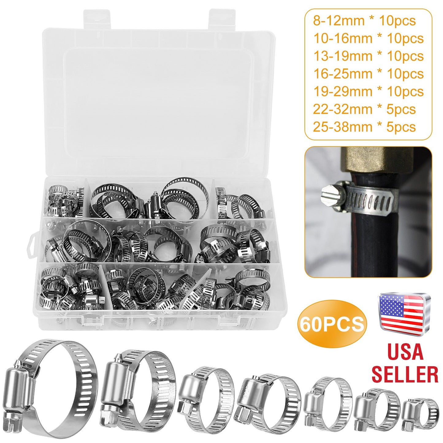 Hose Clamp Set 60-Piece Stainless Steel Adjustable Kit