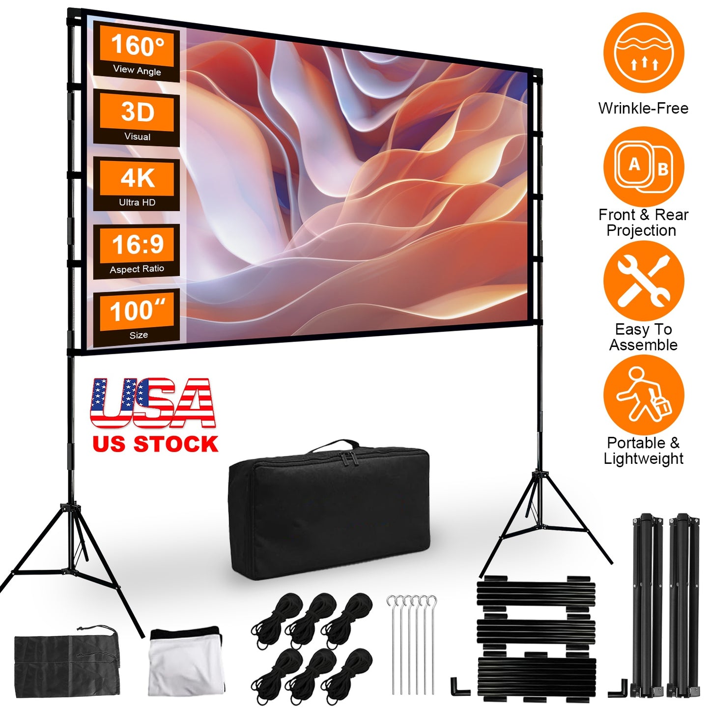100" Projector Screen with Stand - 16:9 4K HD Portable