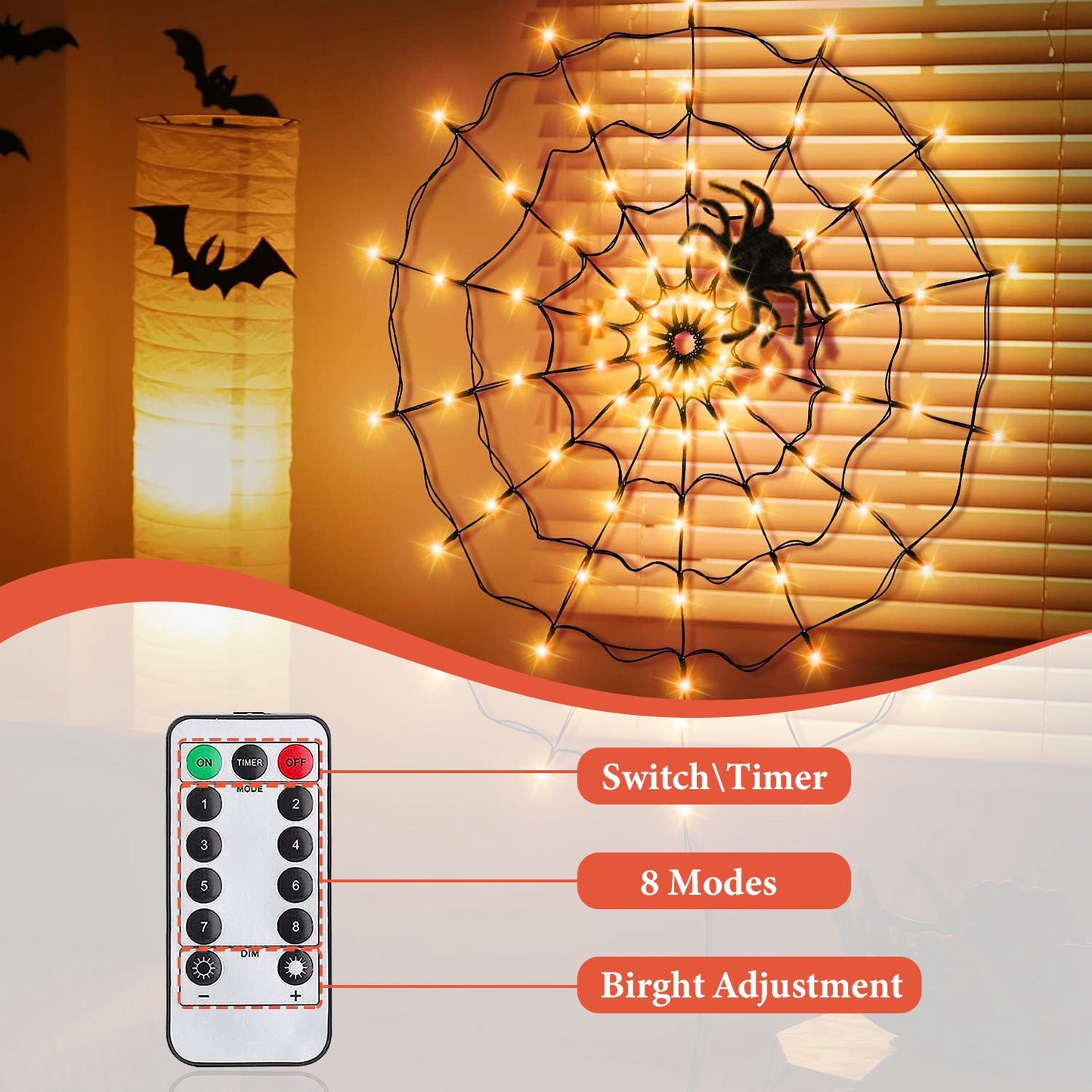 Spider Web Light with Hairy Spider - 70 LED Halloween Decoration