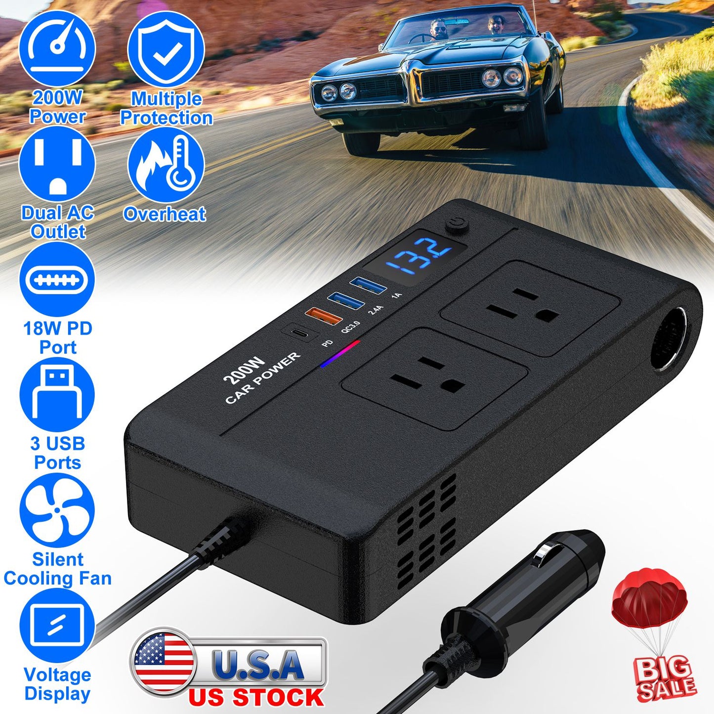 200W Car Power Inverter DC 12V to AC 110V with USB Ports