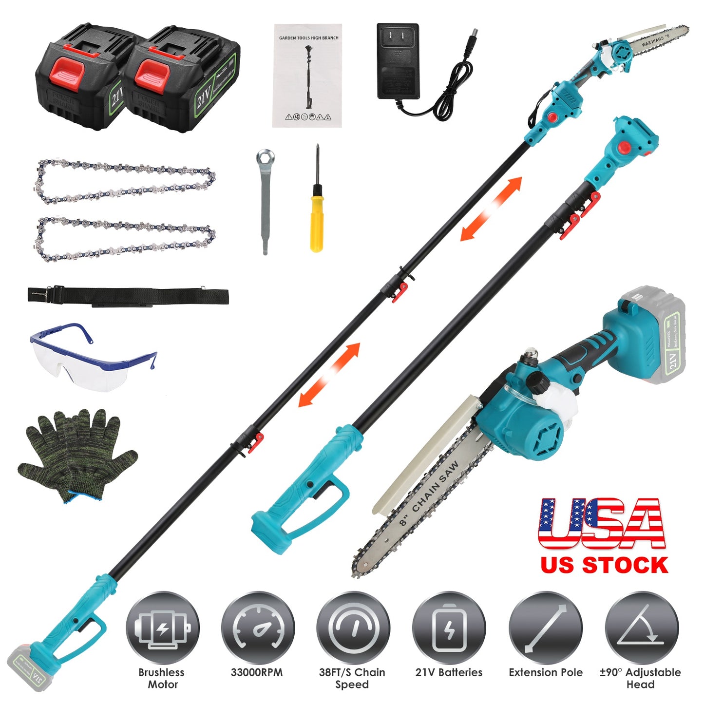 Cordless Pole Saw 21V with Extension Pole and Mini Chainsaw