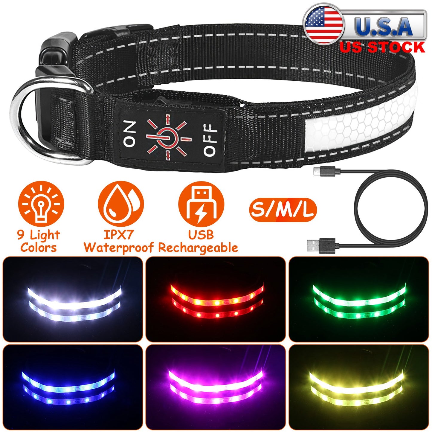 LED Dog Collar with 9 Light Colors - USB Rechargeable Waterproof