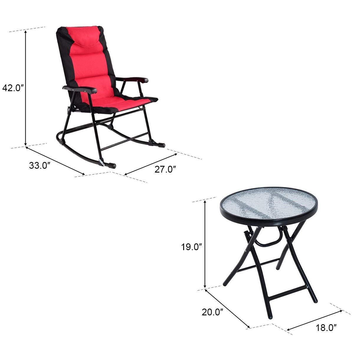 3-Piece Folding Rocking Chair Set with Cushions & Coffee Table