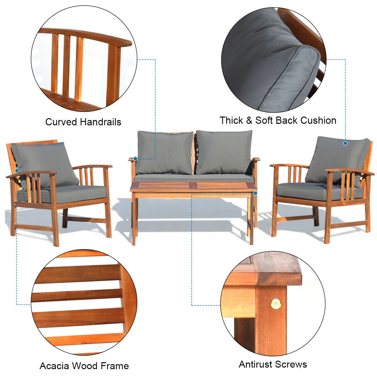 4-Piece Acacia Wood Patio Conversation Set with Cushions