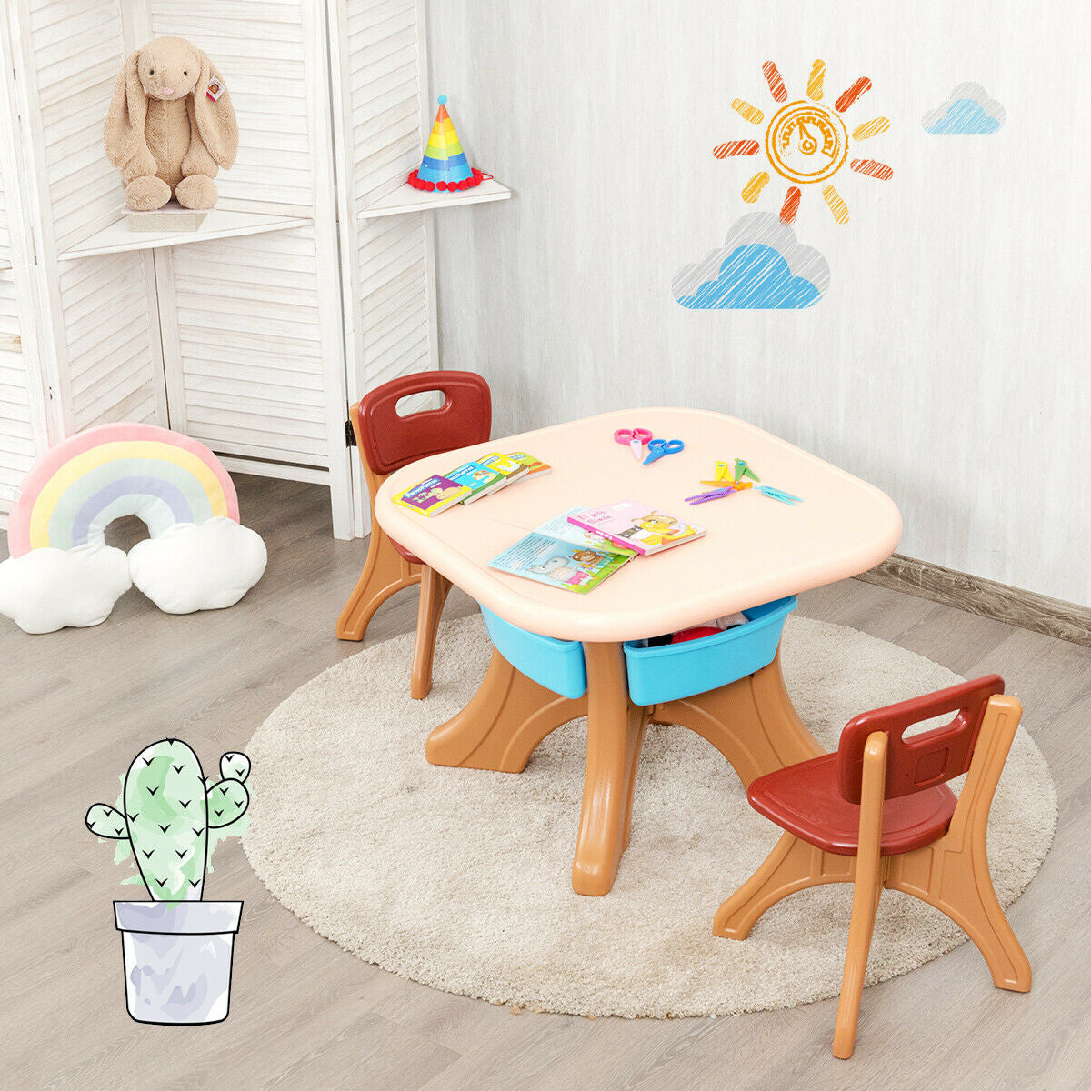 Kids Table and Chair Set with Storage Drawers - 3 Piece